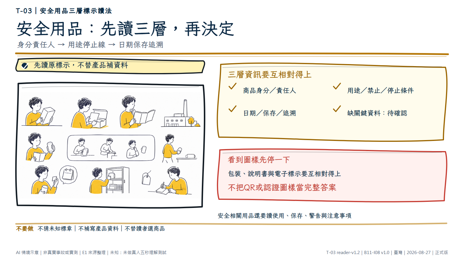 白底鬆線手繪一件無品牌安全用品及三組無字資料：商品與責任人、用途與停止條件、日期保存與追溯；旁邊的人拿說明書核對。文字層要求三層資訊互相對得上，缺關鍵資料就待確認或不買。AI情境示意，不是任何商品、認證或官方背書。