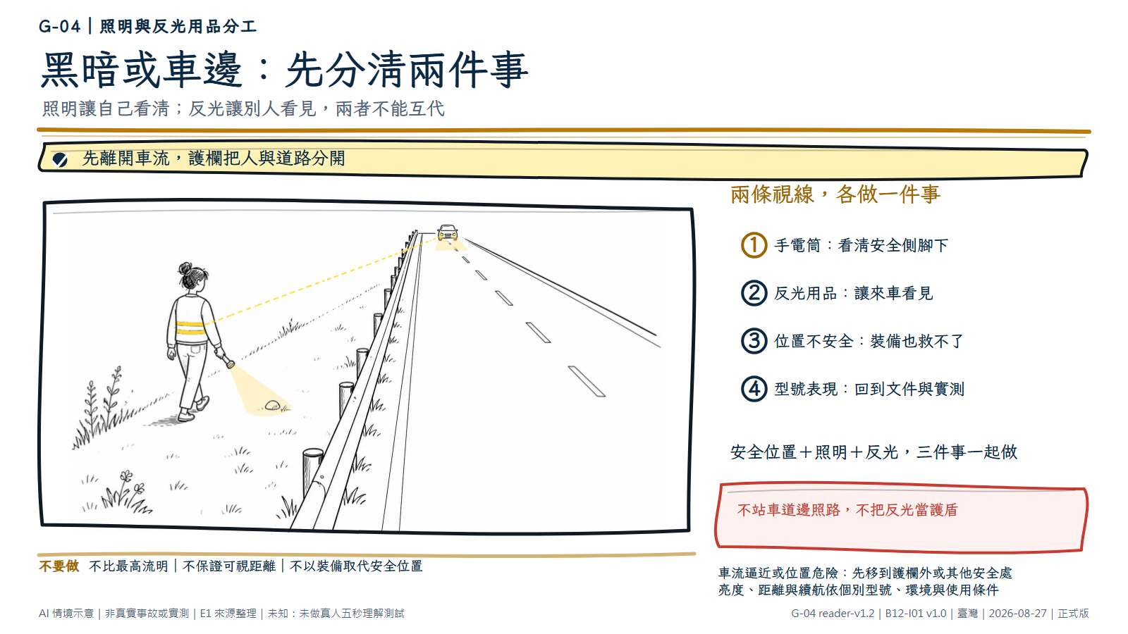 白底鬆線手繪道路夜間情境。護欄把人物與車道清楚分開，人物全身位於護欄外的草地安全側，手電筒只向前照亮腳下石塊；遠方一輛車的燈光視線穿過護欄落在人物反光背心上。文字層說明照明讓自己看清、反光讓別人看見，兩者不能互代，人先離開車流。AI情境示意，非真實道路事故、商品或實測。