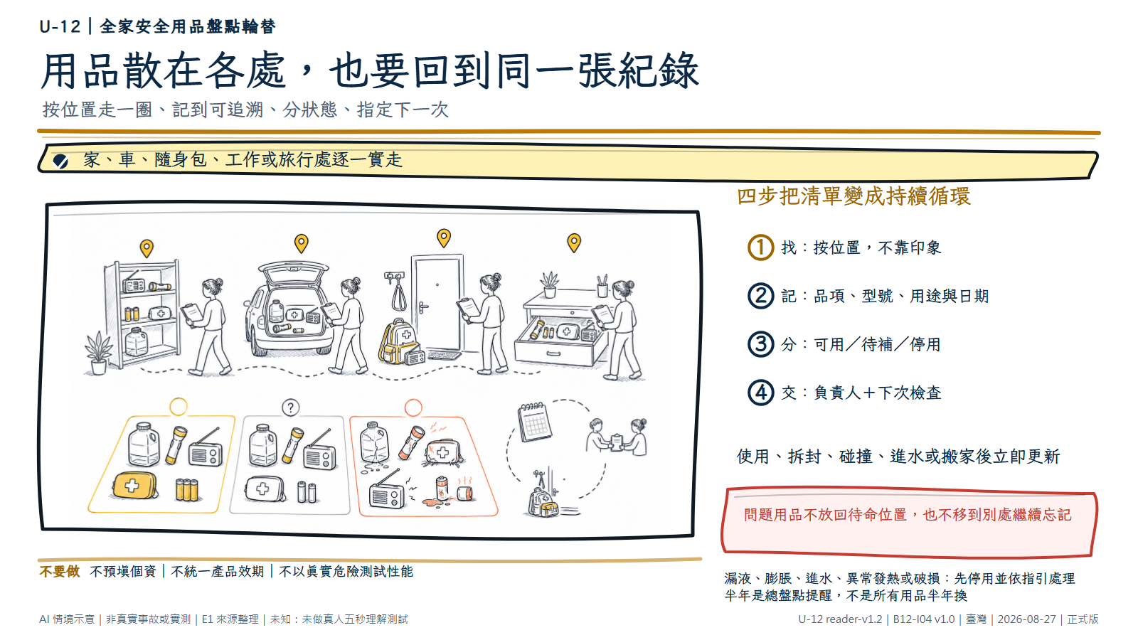 白底鬆線手繪盤點路徑。同一名成人沿住家層架、車後廂、門邊避難包與工作旅行抽屜逐處檢查，前景把用品分為芥末框的可用、灰框的待補待確認、珊瑚框的破損停用，最後以空白月曆和交接板表示負責人與下次日期。手機版只出現一次人物並重排四處與三種狀態。AI情境示意，非商品或功能實測。