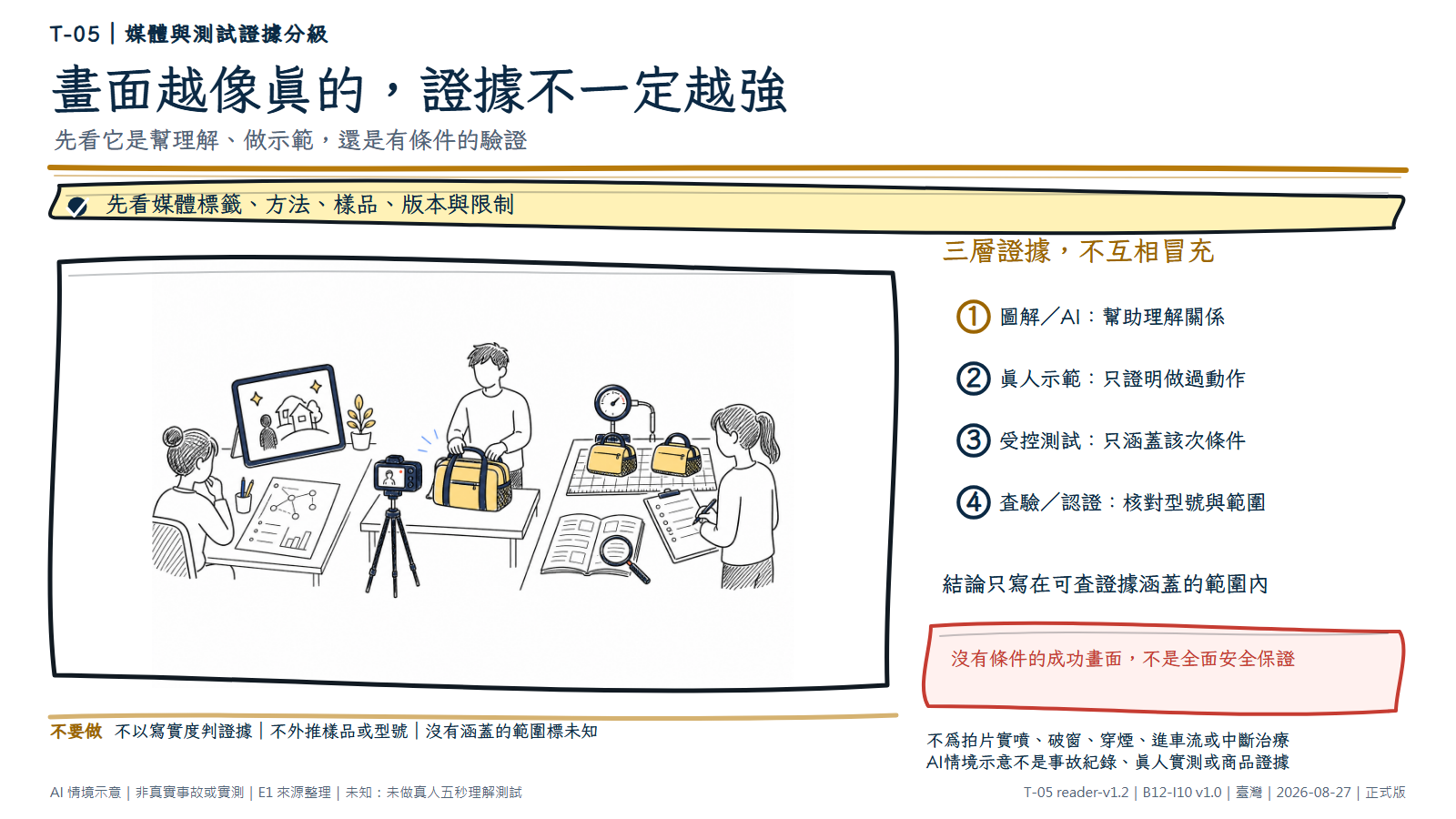 白底鬆線手繪三種連續證據場域。左側是線條圖解紙與帶星光符號的AI情境畫面，只表示理解層；中央一名成人把普通避難包放上桌，由相機記錄，但沒有量測工具，表示真人示範只證明做過動作；右側兩個無品牌相同樣品放在有量表、尺規、空白方法表與來源文件的受控工作臺，表示驗證只涵蓋明列條件。文字層要求查樣品、型號、版本、方法與限制；沒有標章、官方背書或通過保證。AI情境示意，非真實測試或認證。