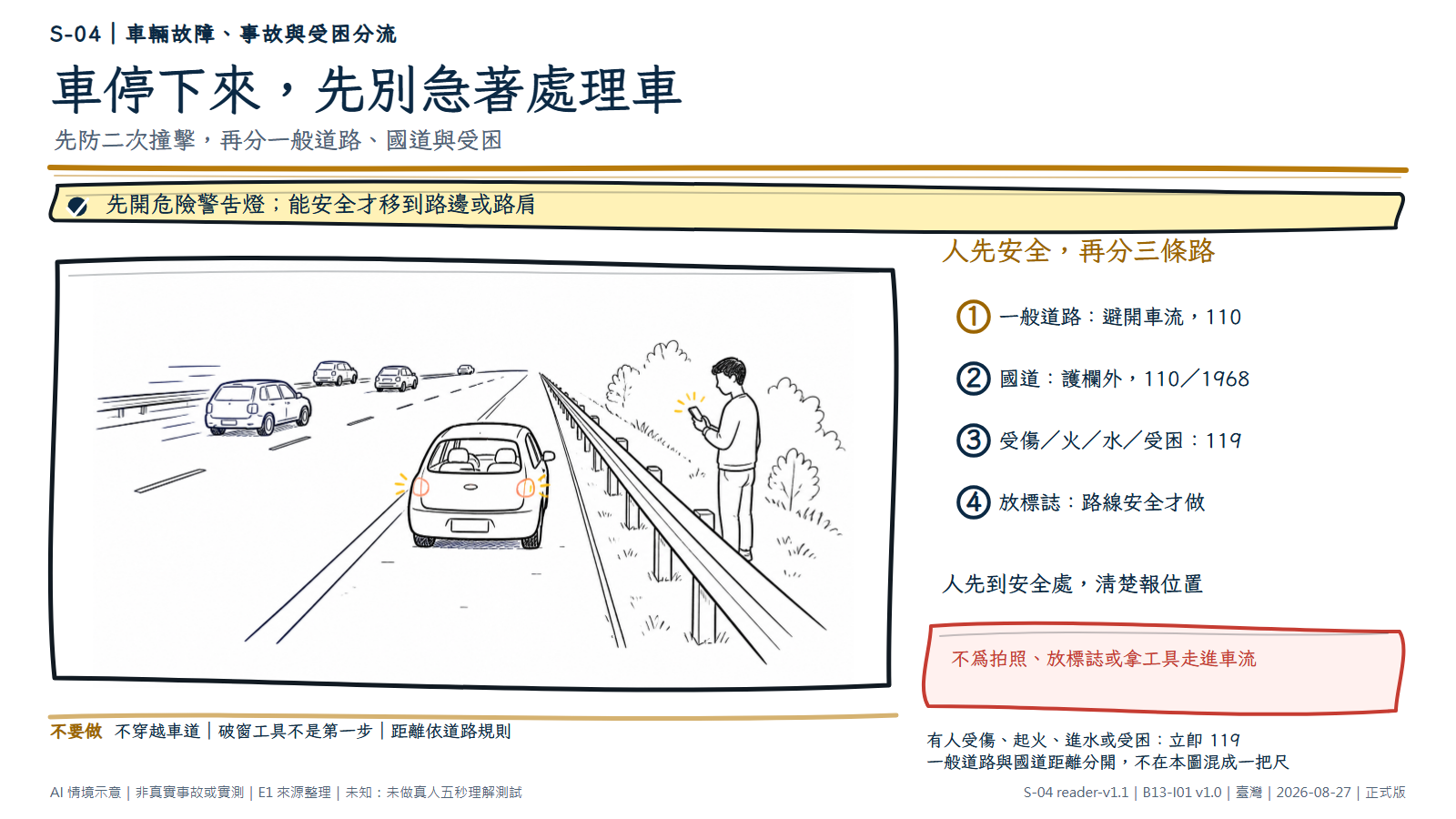 白底鬆線手繪道路情境。故障車完整停在路肩並開啟危險警告燈，行駛車流留在車道；護欄清楚隔開道路與安全側，一名成人全身站在護欄外用手機報位。旁側文字依序分出一般道路、國道，以及受傷、起火、進水或受困三條路，並提醒只有行走路線安全時才放故障標誌。