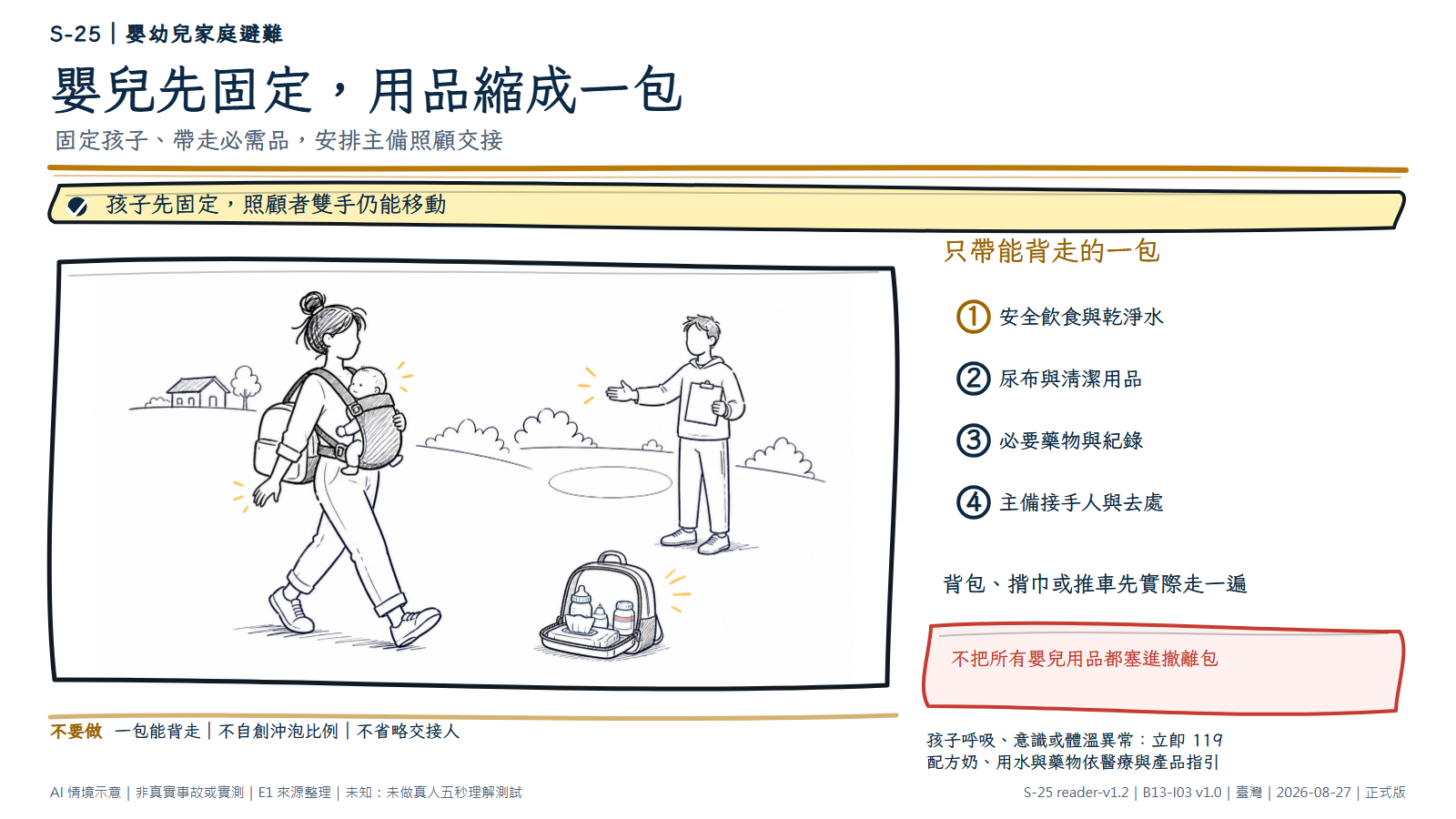 白底鬆線手繪撤離情境。照顧者用前抱式揹巾固定嬰兒，一手提著只裝飲食、尿布、乾淨水與必要藥物的小背包，朝安全去處的接手人移動。旁側文字提醒把用品縮成一包，並約定主備照顧者與去處。