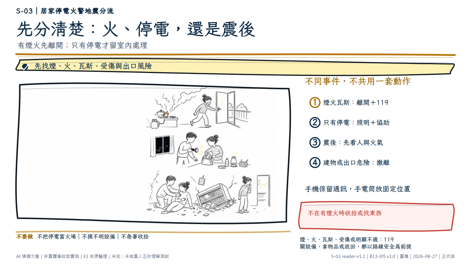 白底鬆線手繪以留白分開三種居家情境：廚房起火時人物已往出口移動；停電時一人用手電筒協助家人並保留手機；地震後先查看人員、倒落物與牆面裂縫。旁側文字把三條第一動作分開。