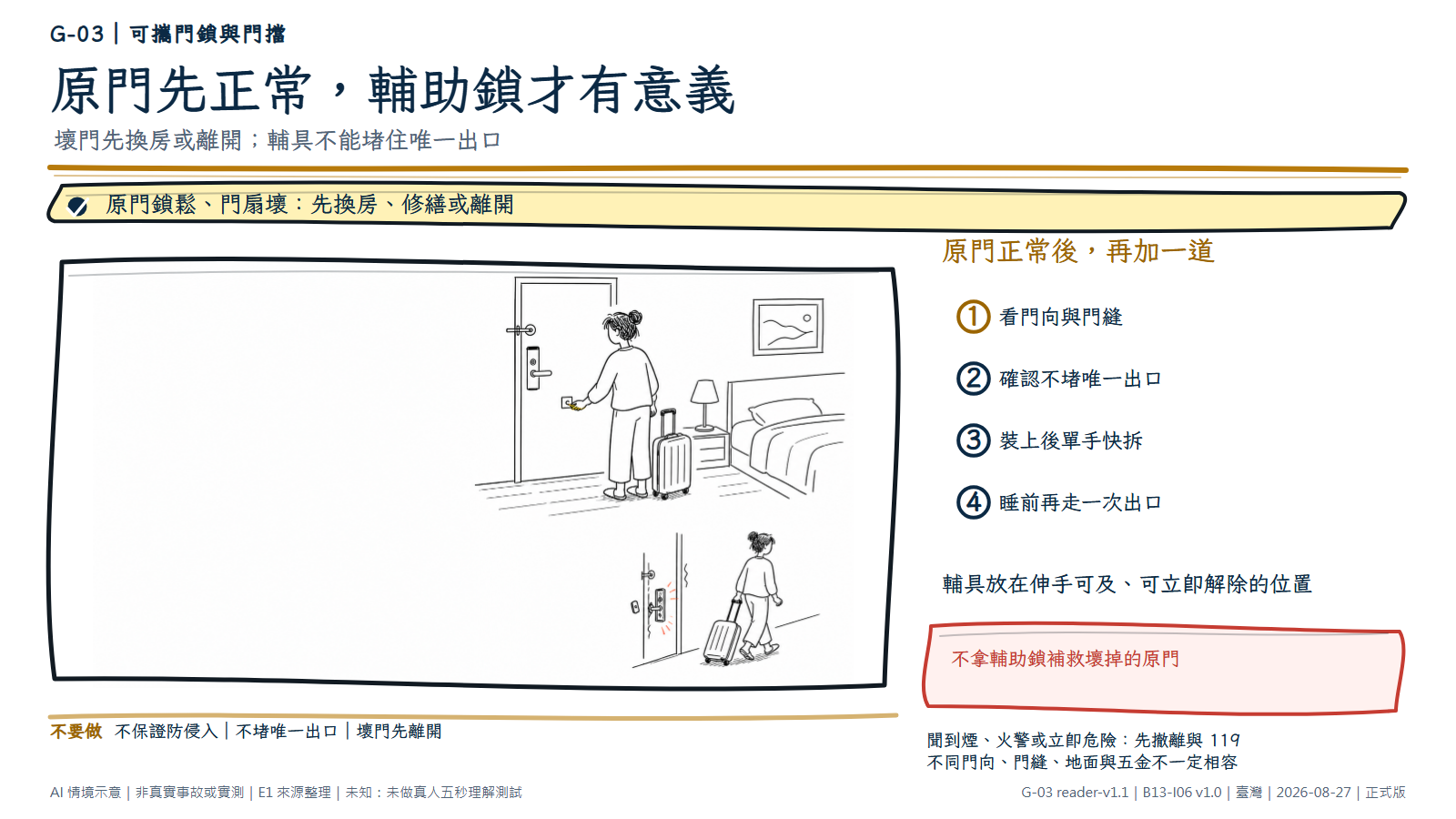 白底鬆線手繪旅宿房門。主要情境中原門與門鎖正常，旅客用單手解除小型無品牌輔助裝置，行李在旁且出口路線完全暢通；下方小情境則顯示原鎖鬆動時旅客拖行李離開。旁側文字提醒壞門應先換房、修繕或離開，輔助裝置不能堵住唯一出口。