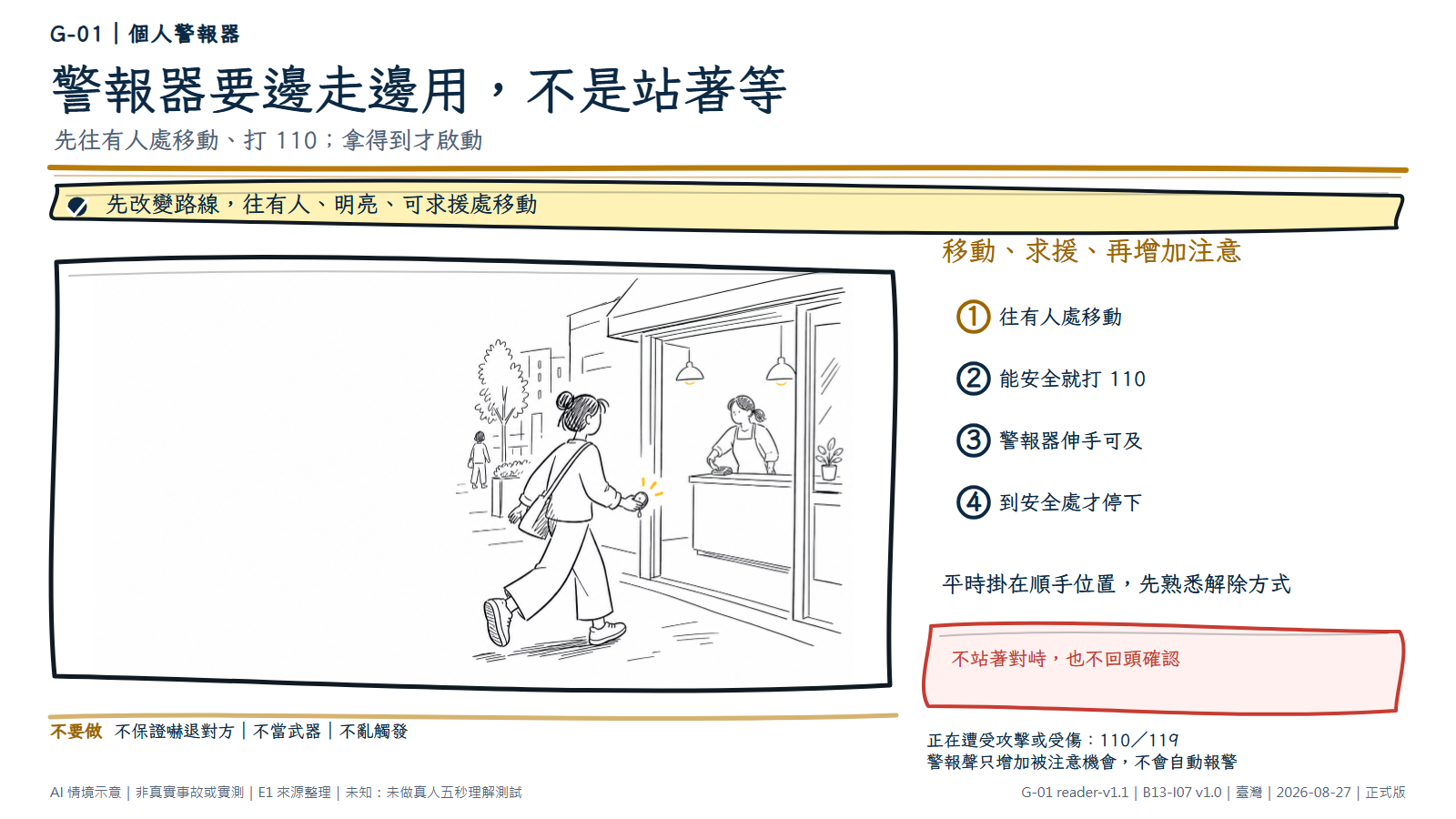 白底鬆線手繪街道求助情境。一名成人持續走向開放且有人值守的窗口，手上拿著小型圓形無品牌警報器；窗口人員正伸手拿另一支電話。旁側文字把移動與報警放前面，警報器只作增加注意的輔助。