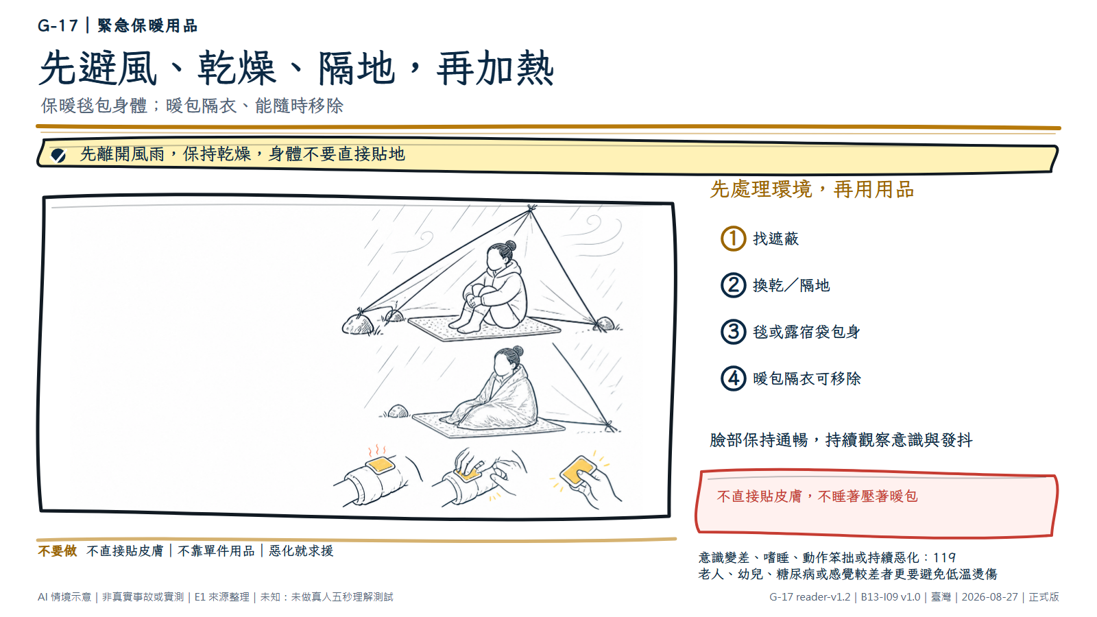 白底鬆線手繪戶外避難情境。人物先在簡易遮蔽下坐在隔熱墊上，再用保暖毯包住軀幹；下方手部小情境顯示暖包放在衣袖外並可立即拿開。旁側文字把避風、乾燥與隔地放在用品之前。
