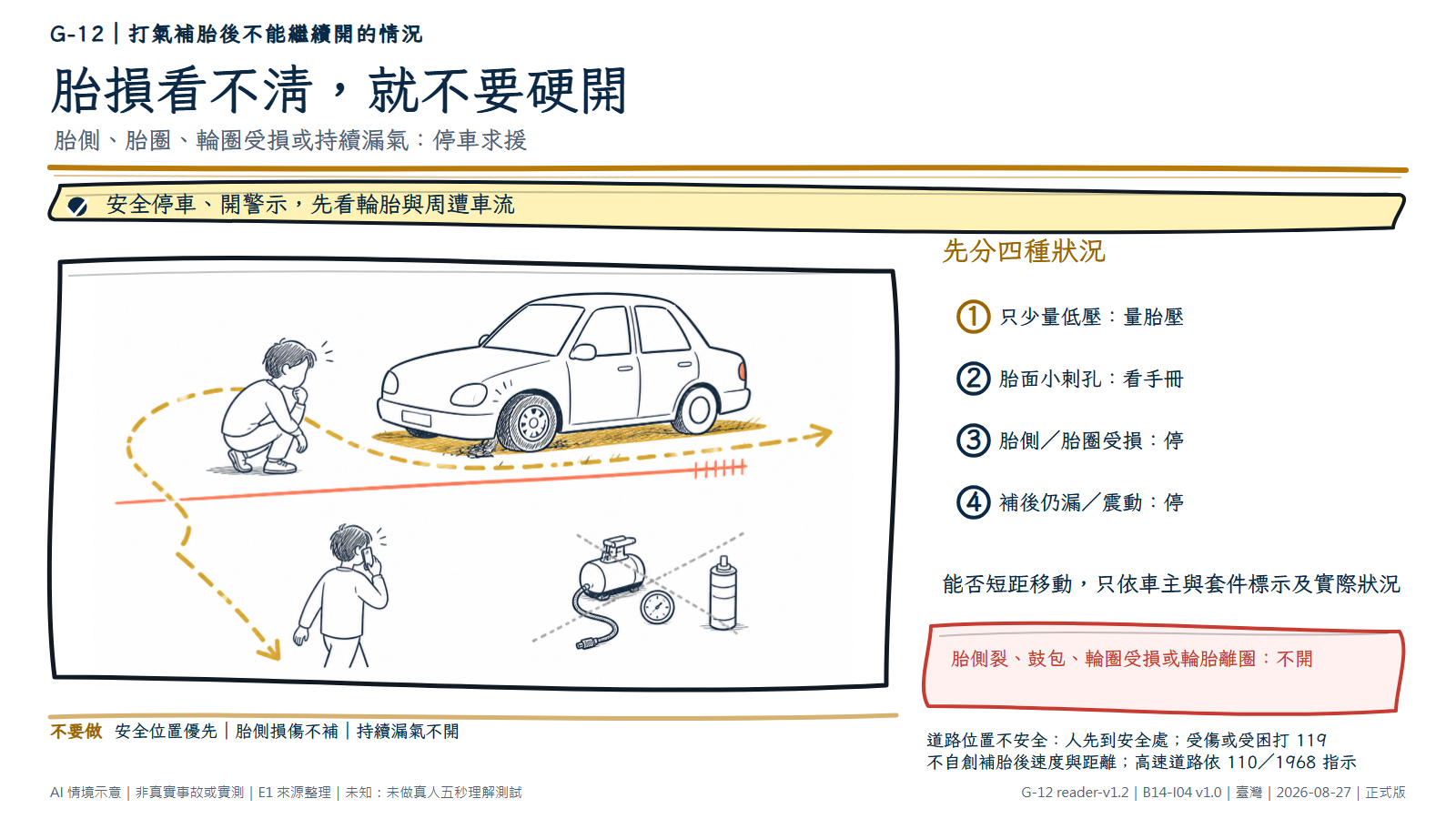 白底鬆線手繪停車求援情境。車輛完整停下，人物查看明顯鼓包或胎側受損的輪胎，沿芥末黃路徑退到安全處打電話；打氣機、胎壓計與補胎罐留在一旁未使用。