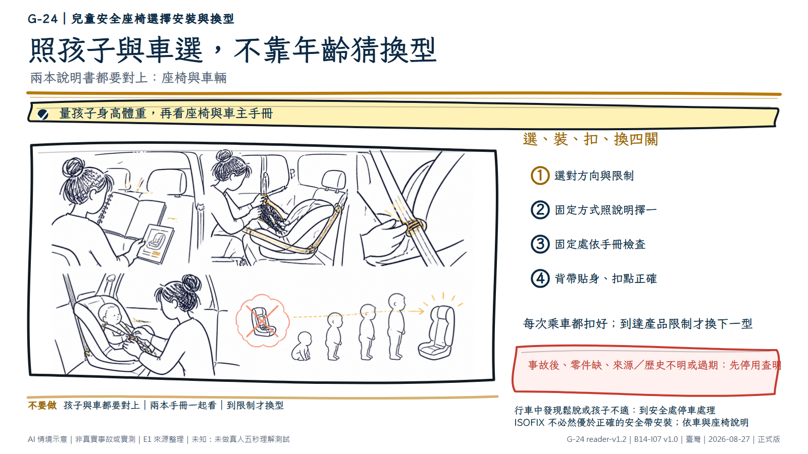 白底鬆線手繪後座安全座椅。照顧者同時查看空白車主手冊與座椅說明，在靜止車輛後座安裝後向座椅、檢查固定處，再把孩子背帶貼身扣好；旁側以成長輪廓表示達到限制才換型。