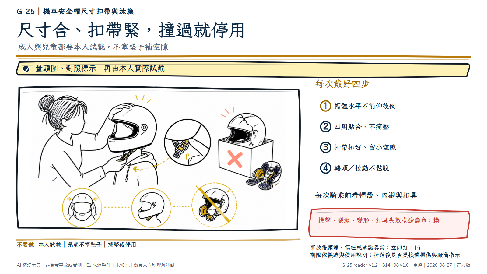 白底鬆線手繪安全帽試戴。照顧者協助較年輕的騎乘者把帽體保持水平、檢查兩側貼合並扣緊下巴帶；旁邊一頂有撞擊裂痕的安全帽被放進停用箱。