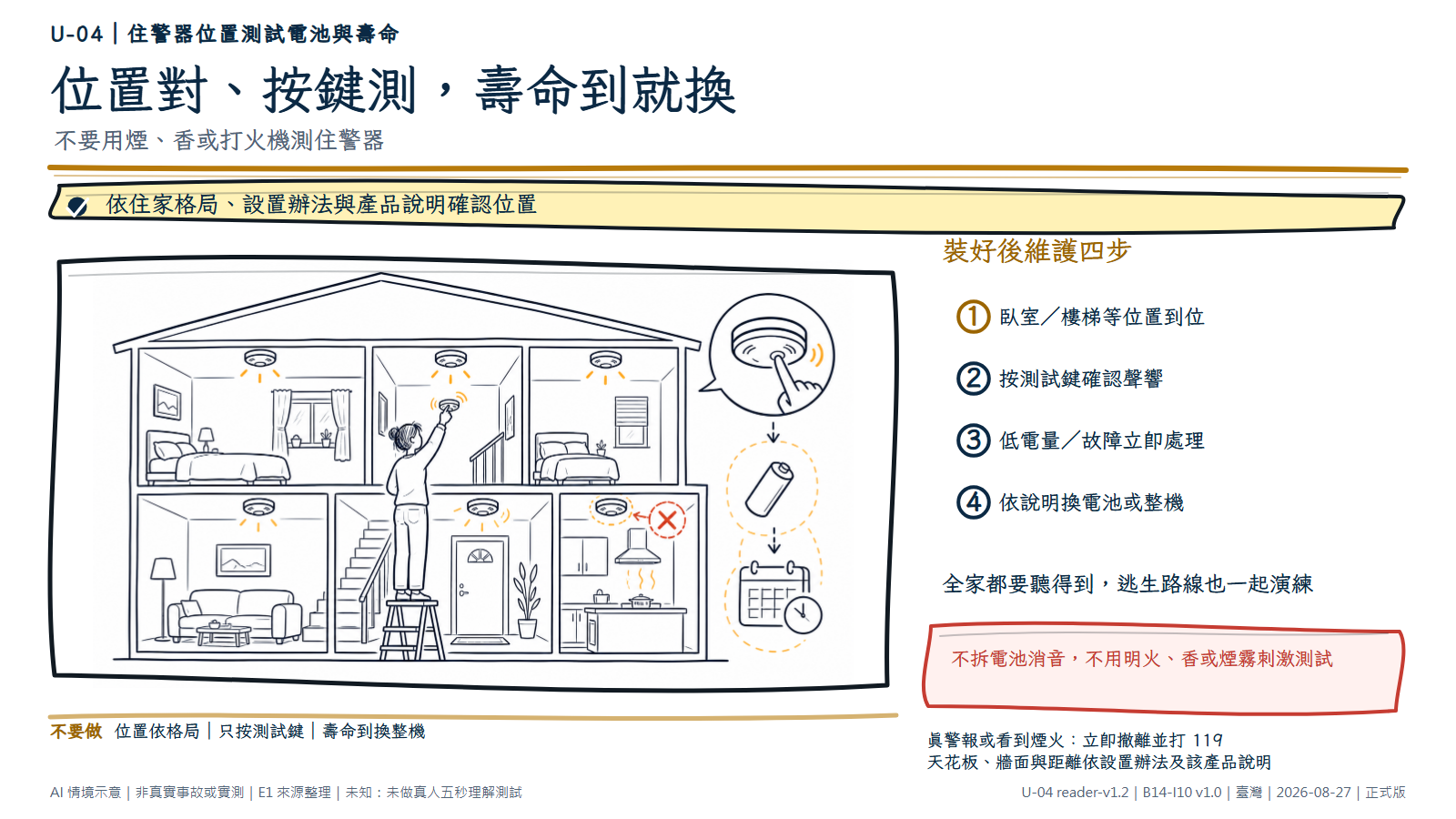 白底鬆線手繪住家剖面。臥室、樓梯與逃生路線附近高處配置住警器，廚房蒸氣旁的錯誤位置被排除；人物站在穩固踏台按內建測試鍵，下方以電池、日曆與舊住警器表示維護與汰換。