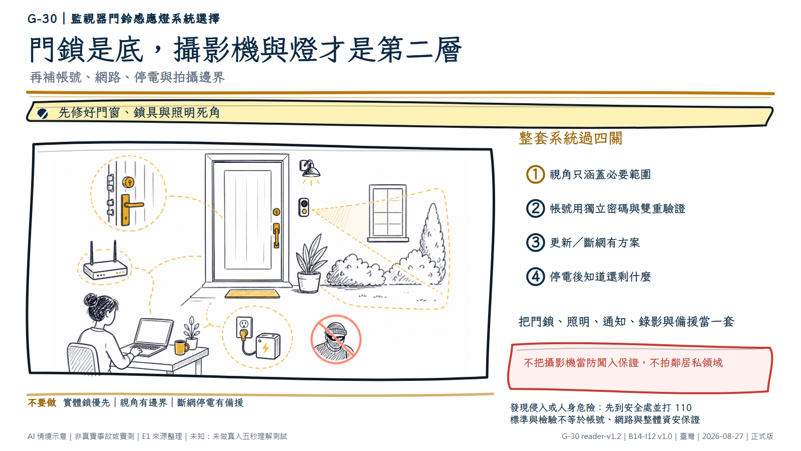白底鬆線手繪居家入口系統。堅固門鎖是主體，門鈴攝影機與感應燈只涵蓋自家入口；室內路由器、備援電力與使用空白筆電的住戶，表示還要處理帳號、更新、網路與停電。