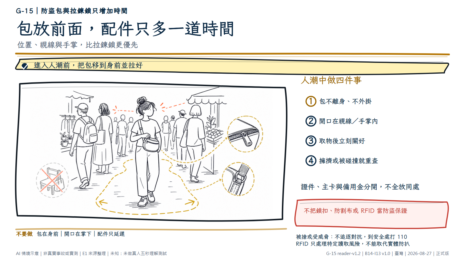 白底鬆線手繪人潮場景。旅客把斜背包完整移到身前，一手覆在已拉好的開口並觀察周遭；小型拉鍊扣與補強背帶只放在旁側，身後無人看管的包以淡色停止形狀呈現。