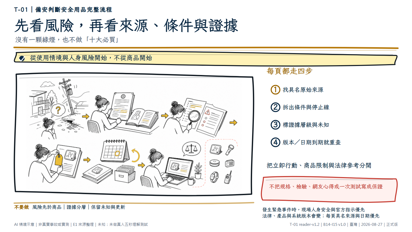 白底鬆線手繪編輯工作流。編輯先看真實風險情境，再打開具名官方來源與產品說明，用放大鏡拆分條件和限制，掛上空白證據標籤，最後查看日曆與更新循環後發布中性結論；通用商品留在一旁，沒有星等與排名。