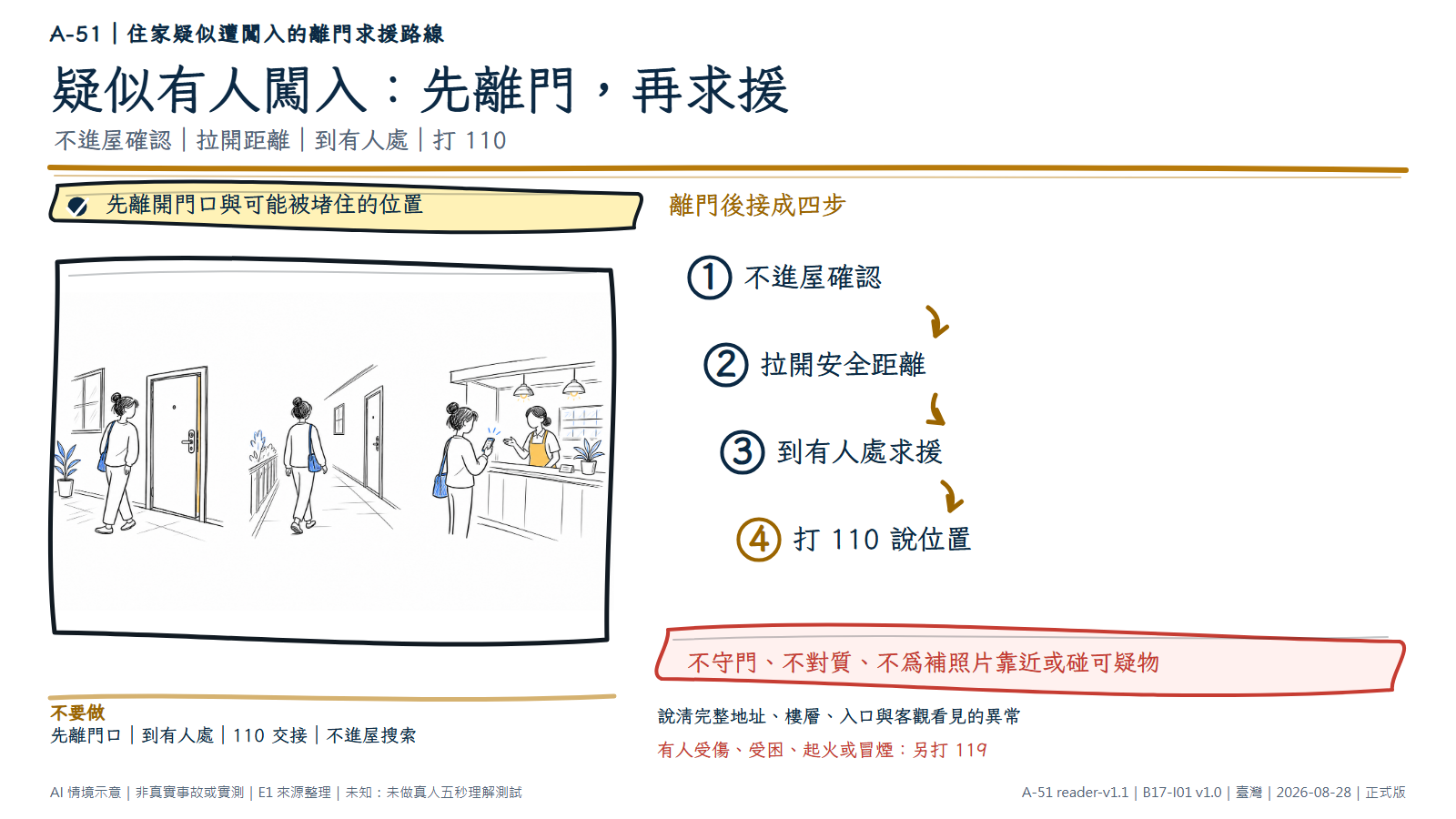 白底鬆線手繪疑似住家遭闖入的離門求援路線。人物先從異常住家門口轉身離開,再走向有店員或管理人員的明亮求援處,最後在服務櫃台旁用電話打 110。資訊層標示不進屋確認、拉開距離、到有人處與說明位置,另提醒受傷、受困、起火或冒煙時打 119。