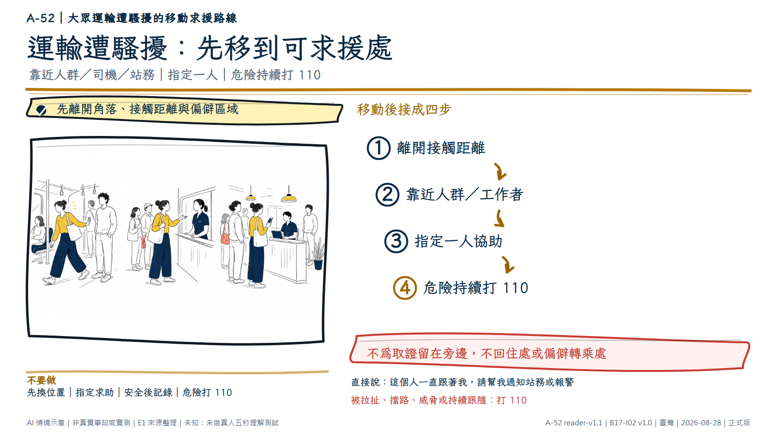 白底鬆線手繪大眾運輸遭騷擾的移動求援路線。人物在車廂內先與逼近者拉開距離，走到其他乘客與工作人員旁並明確求助，最後留在有人與服務櫃台的區域用電話求援；疑似跟隨者保持遠距。資訊層標示先移動、指定一人協助與危險持續時打 110。